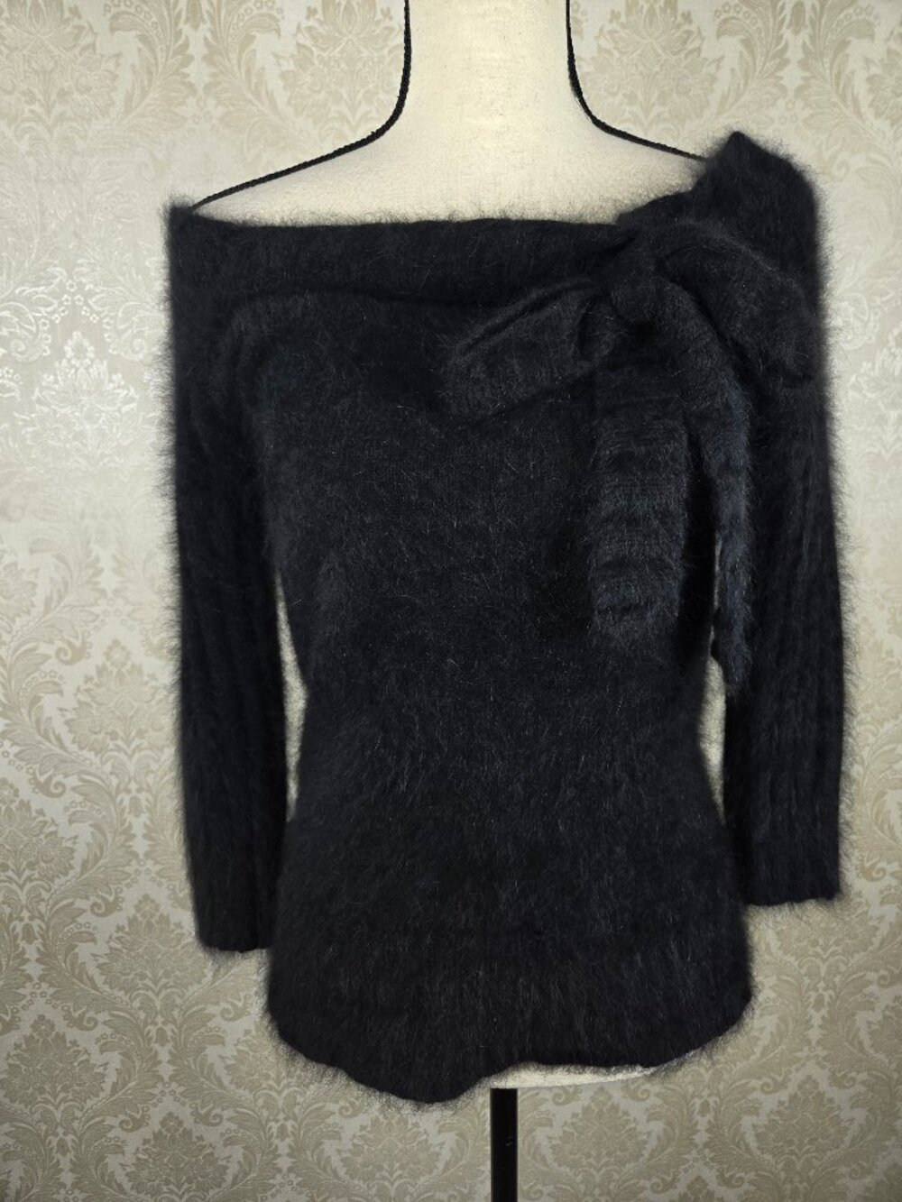 Arden B Size Large Black Fuzzy Angora Blend Sweater Bow at Neckline ¾ Sleeve